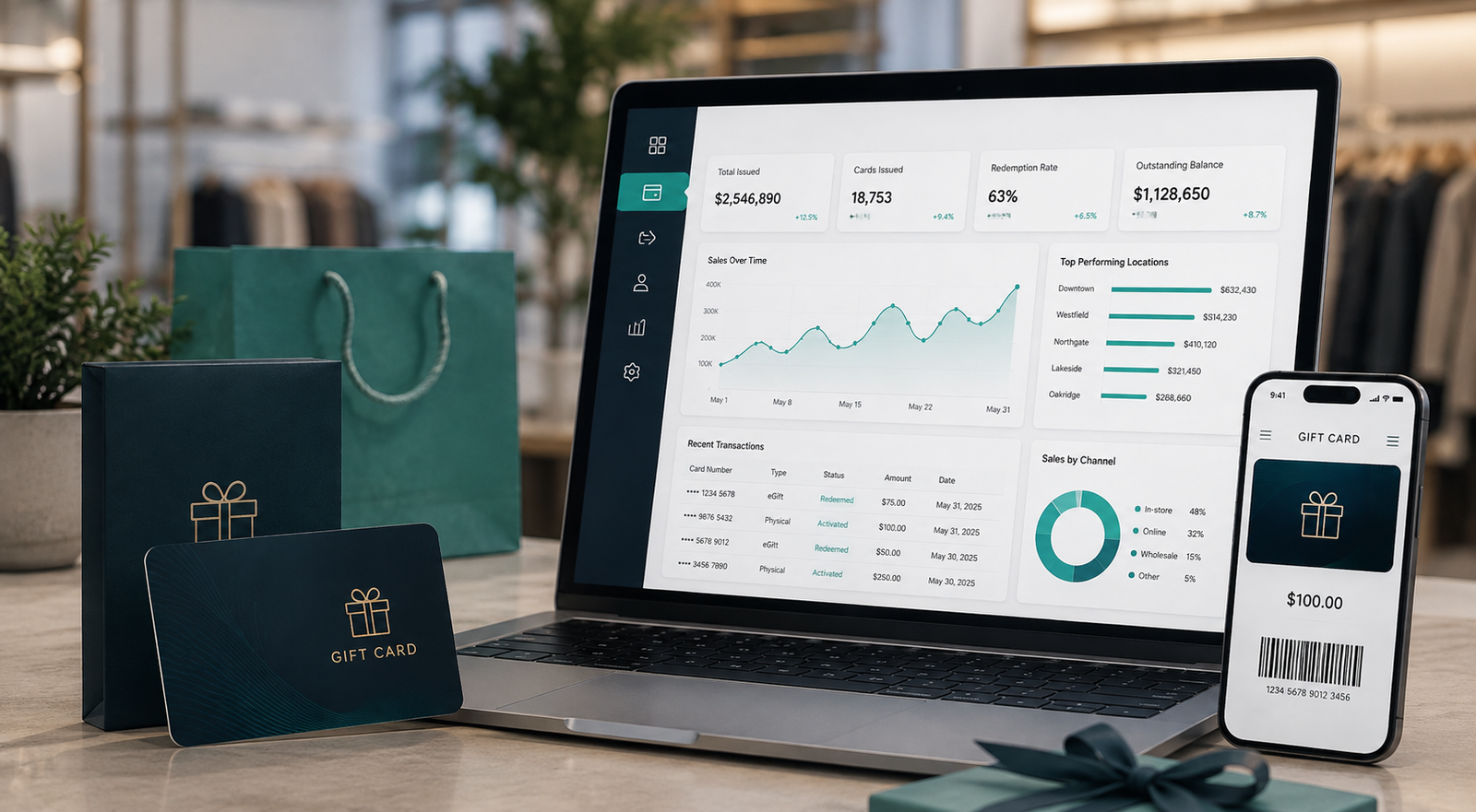 Branded gift cards, packaging, and a gift card sales dashboard